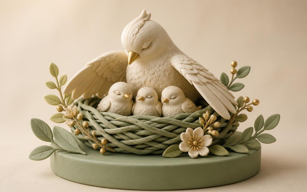 A plain cream clay mother bird spreading her wing over three tiny clay chicks in a woven sage clay nest on a round sage clay podium