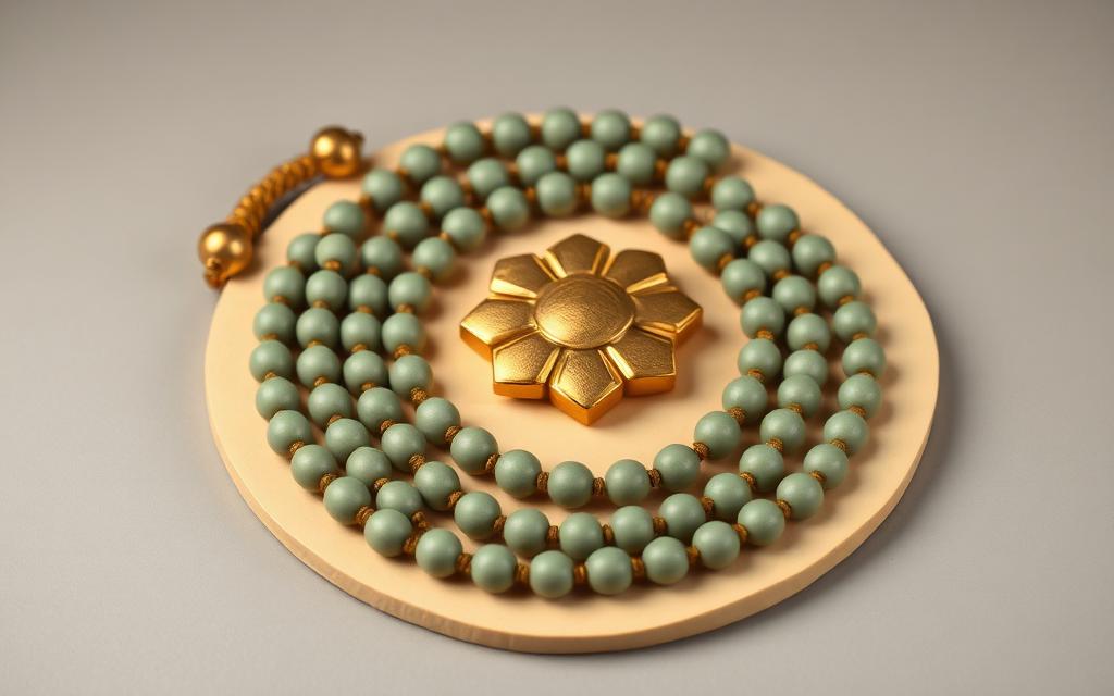 Sage and gold clay prayer beads coiled on a warm cream clay disc around a gold clay eight-petal rosette medallion