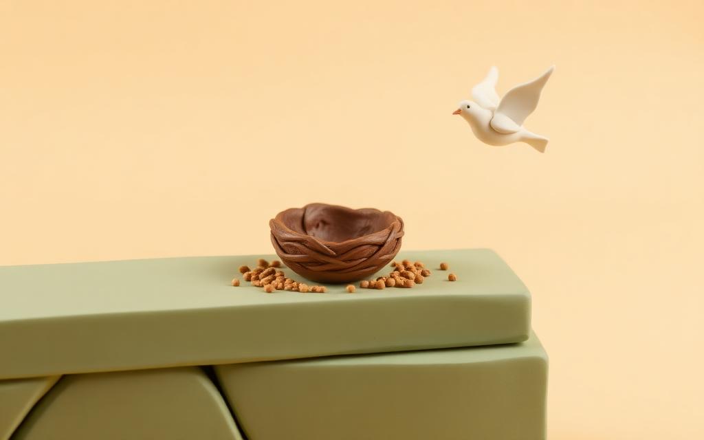 An empty clay nest on a sage clay ledge with gold clay grain scattered around it and a plain cream clay bird flying away behind