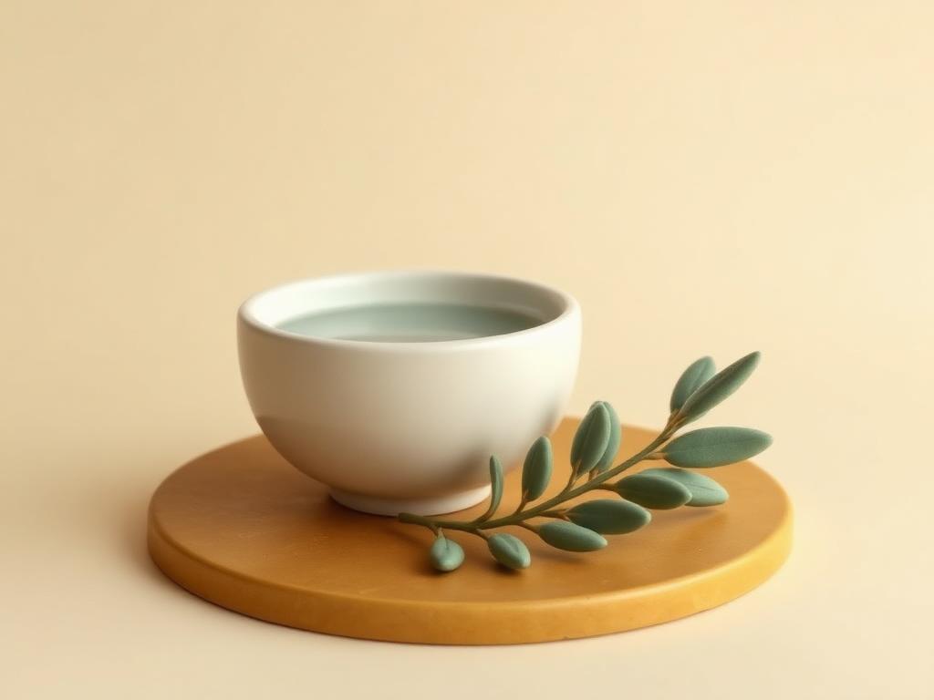 Cream clay bowl of clear water beside a sage clay olive branch on a gold clay tile
