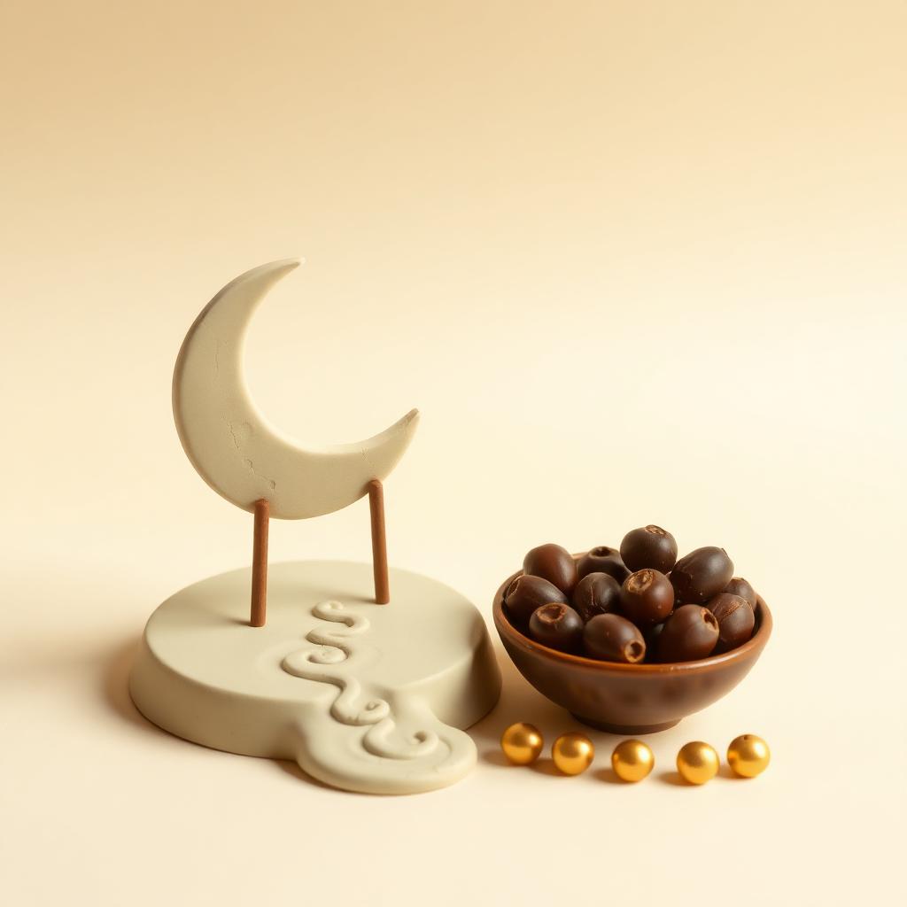 A clay crescent moon on a stand beside a parted clay water path and a bowl of dates