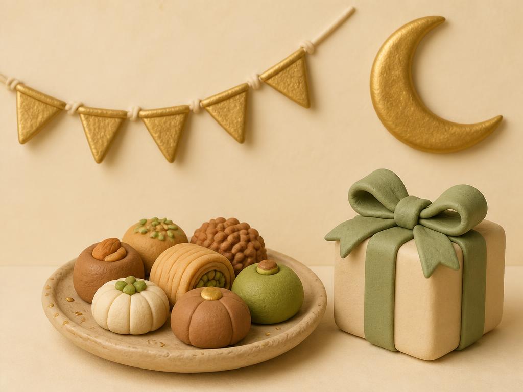 A clay crescent and gold lantern over a small plate of sweets and a gift box