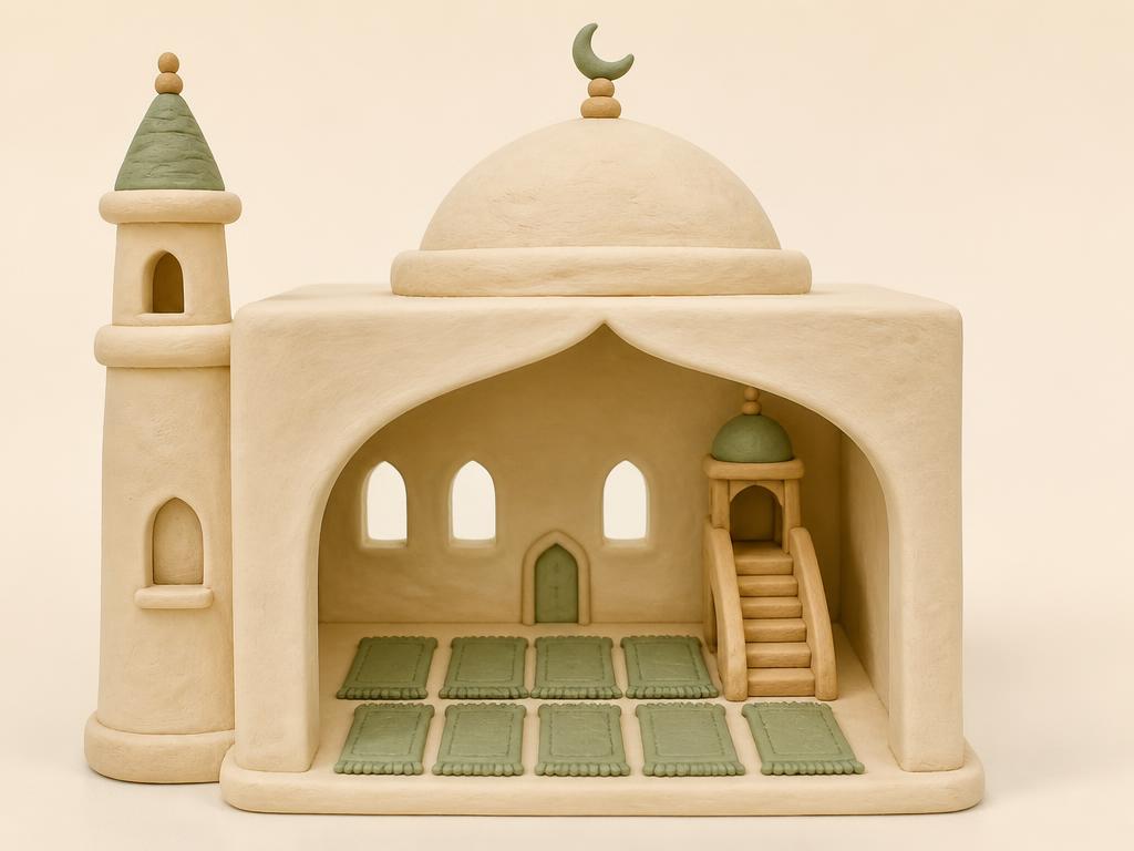 A clay minbar with a small dome and a folded prayer mat, gold light from a window