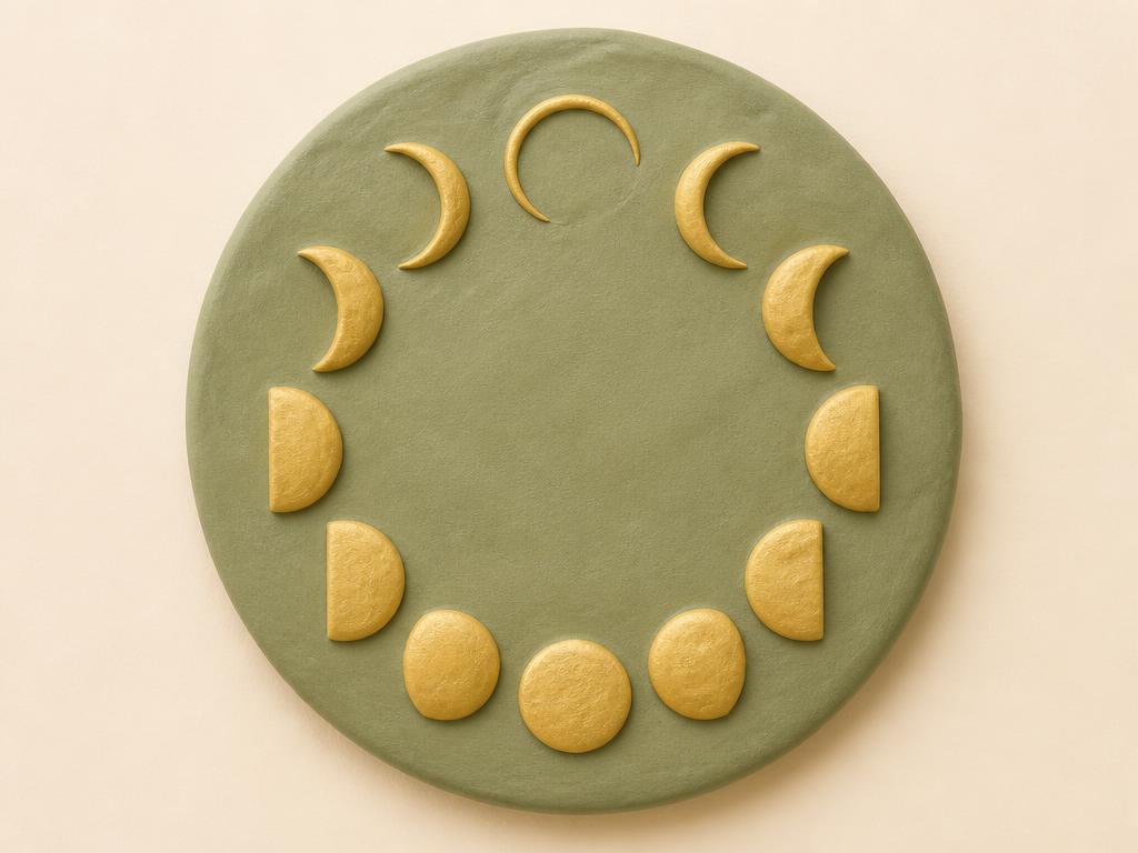 Twelve clay moon phases arranged in a circle with a gold marker on Ramadan
