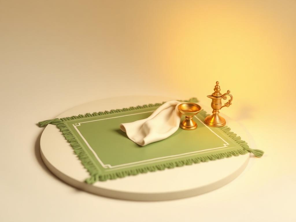 A cream clay prayer mat with a small folded shawl and a warm gold clay lamp beside it