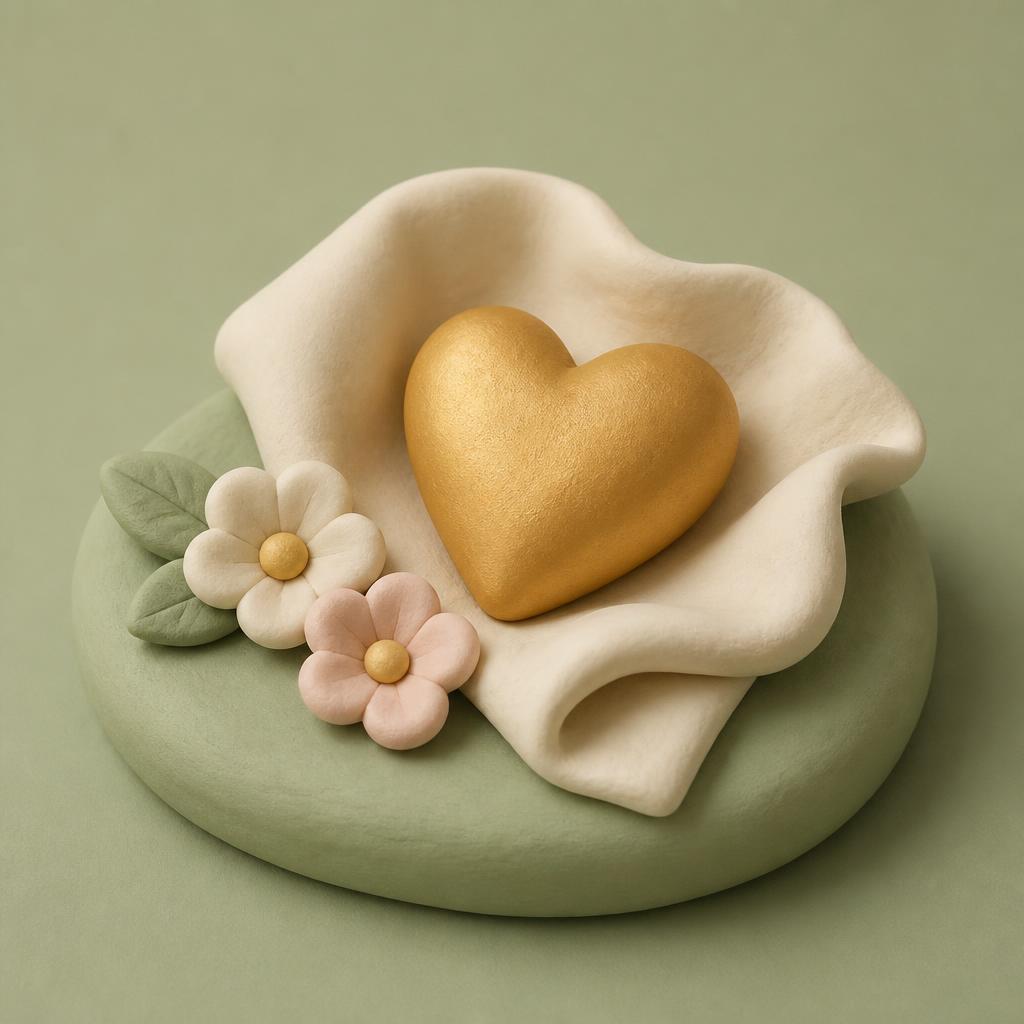 A small gold clay heart resting in a folded cream clay cloth on a sage clay base with two clay flowers