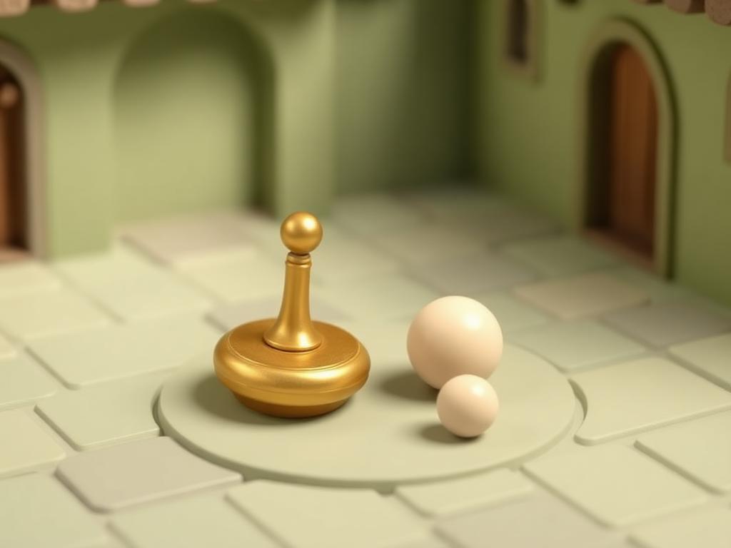 A gold clay spinning top and two cream clay marbles on a sage clay courtyard floor