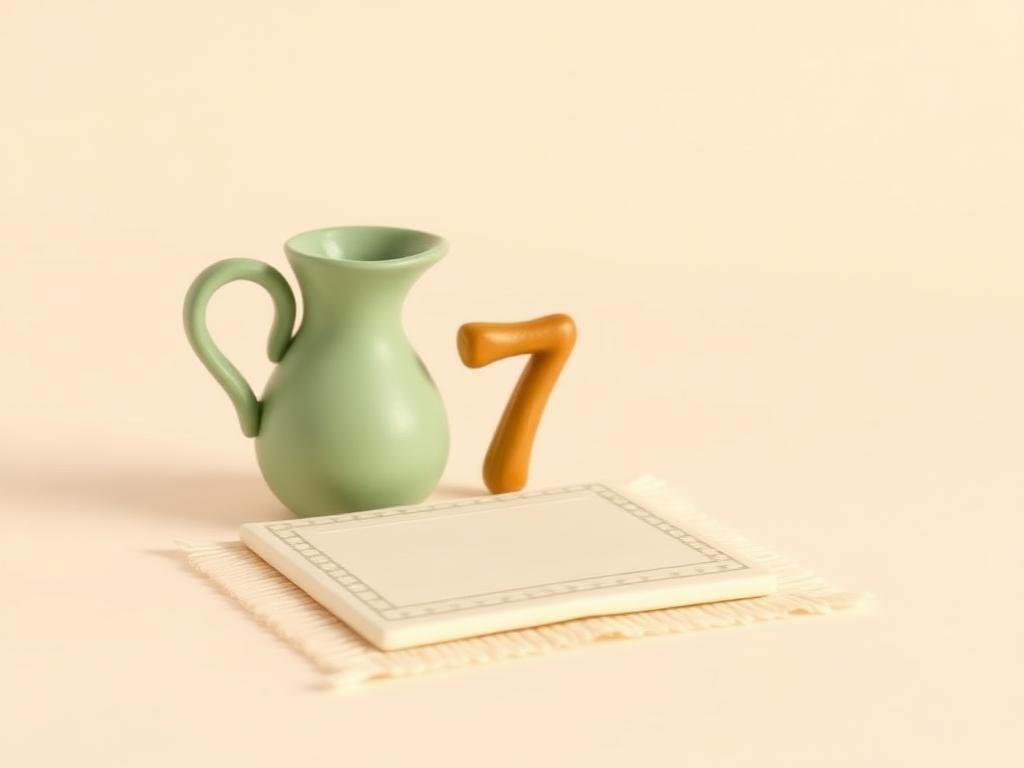 A cream clay prayer mat beside a gold clay number seven on a sage clay platform