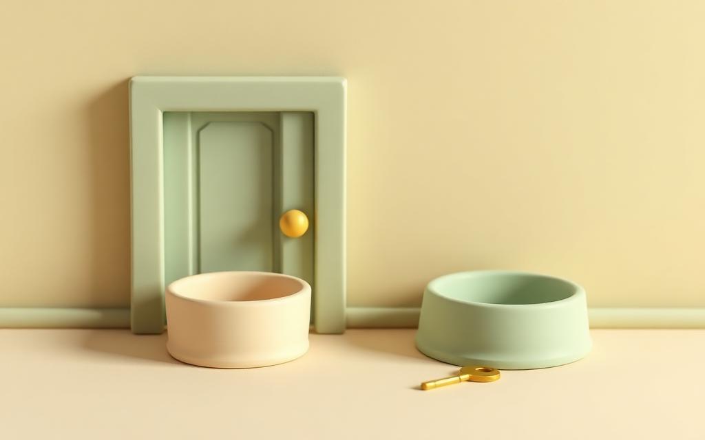 An empty cream clay pet bowl and a sage clay bowl beside a small closed sage clay door, with a gold clay key on the cream clay floor