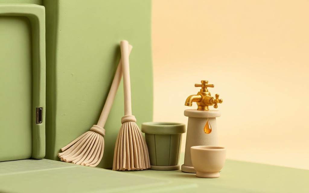 A sage clay street with a cream clay broom, a clay bin and a gold clay tap dripping one drop into a small clay cup