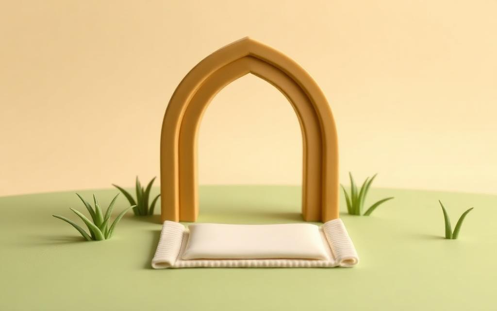 A small cream clay prayer mat rolled out on sage clay grass under a gold clay arch of sky