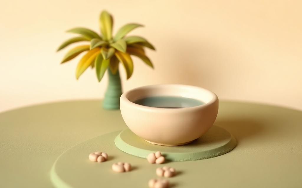 A cream clay bowl of water beside small clay paw prints on a sage clay path