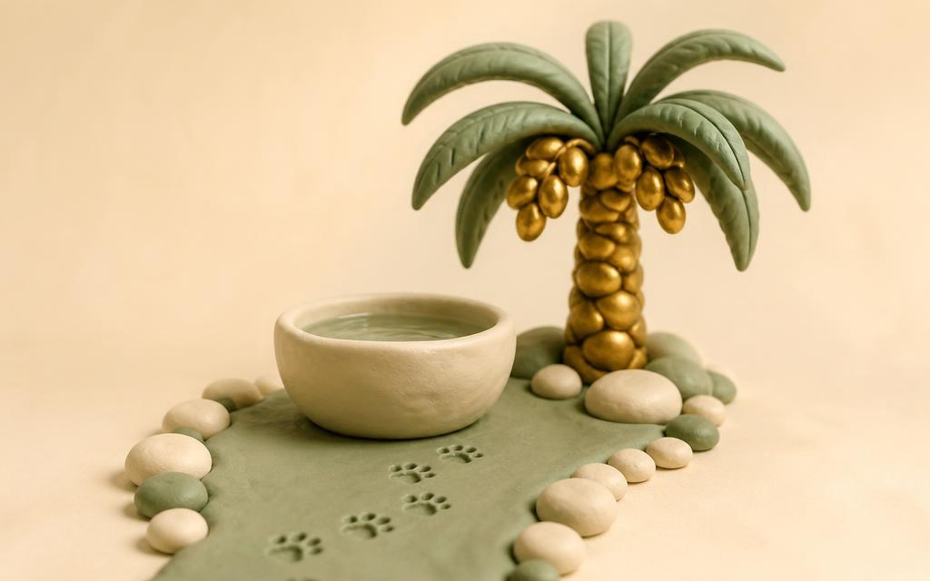 A cream clay hand pressing a small clay seedling into sage clay soil with a gold clay watering can beside it