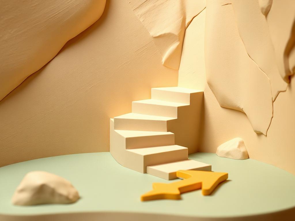 A cream clay ramp rising beside clay steps on sage clay ground with a gold clay arrow