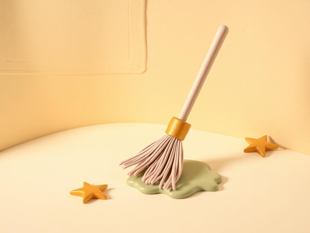 A cream clay broom sweeping a small sage clay spill on cream ground beside a gold clay star