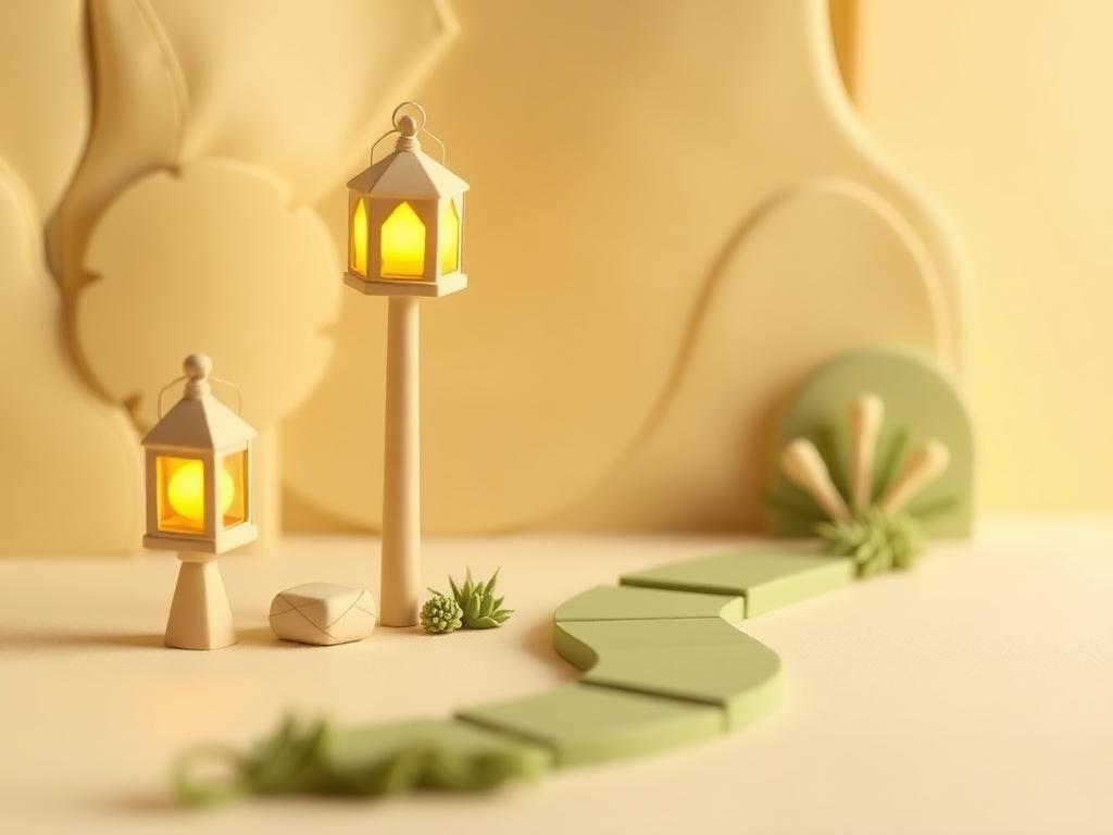 A cream clay lantern glowing gold beside a winding sage clay path