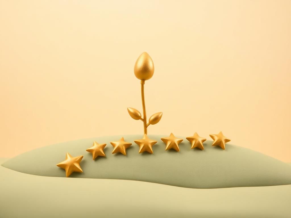 A gold clay seed sprouting into a line of small gold clay stars across sage clay ground