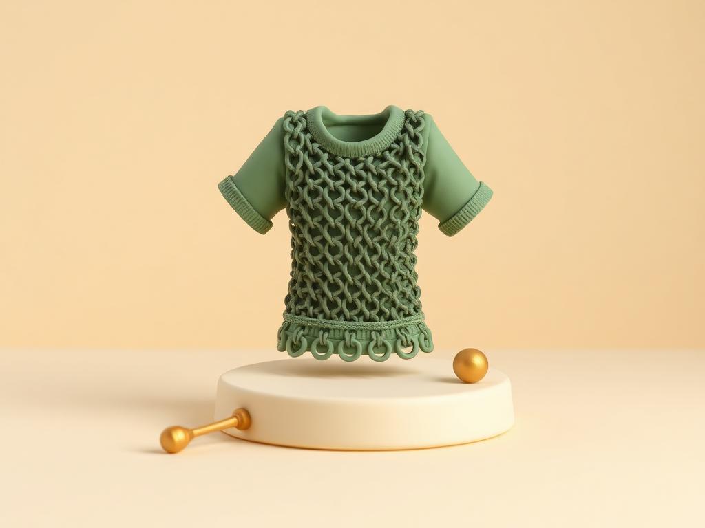 Sage clay chainmail shirt on a cream clay stand with a small gold clay hammer beside it