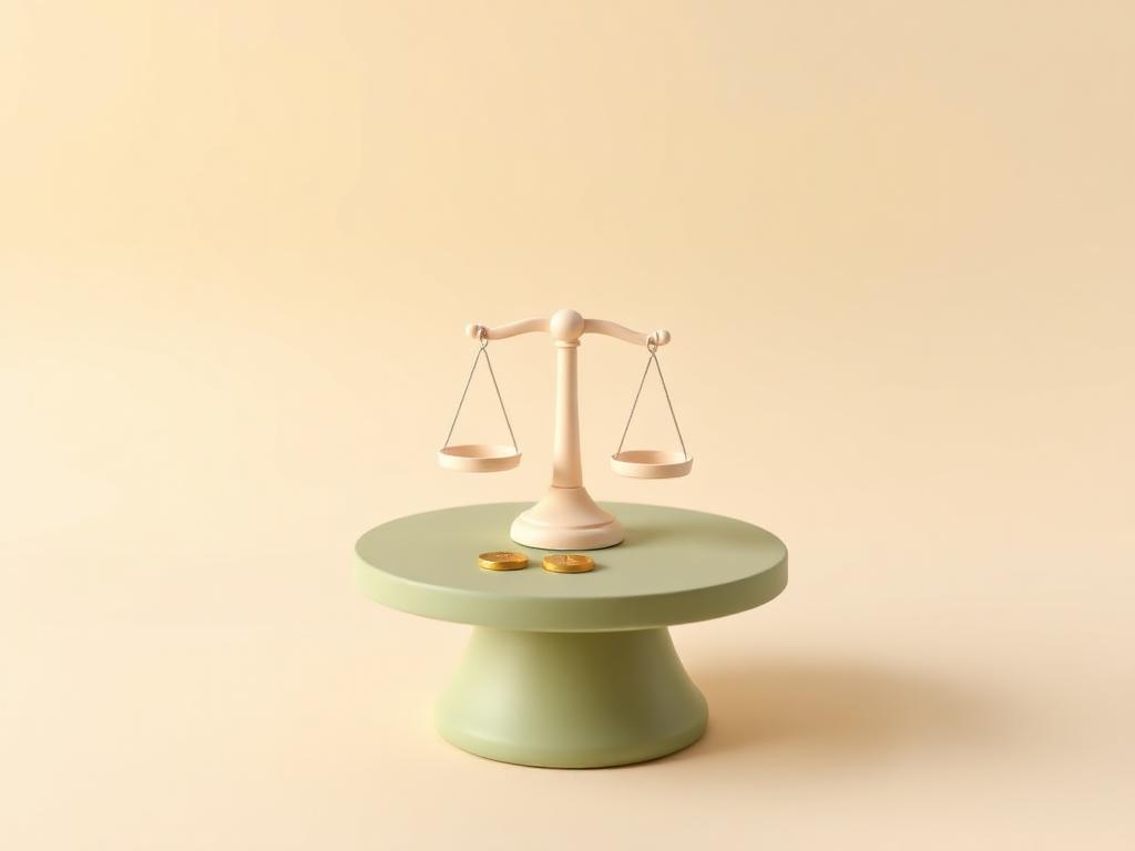 Cream clay balance scale on a sage clay table with two small gold clay tokens
