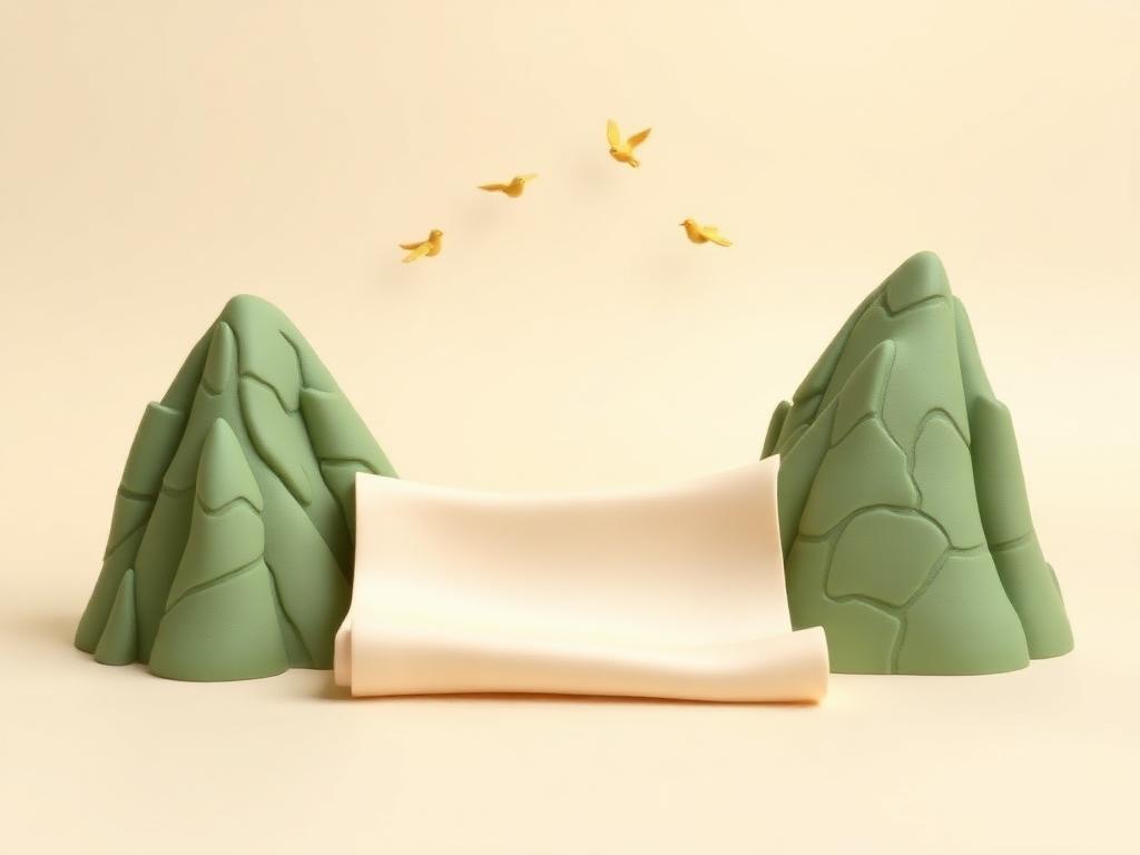 Cream clay scroll unrolled between two sage clay mountains with small gold clay birds above
