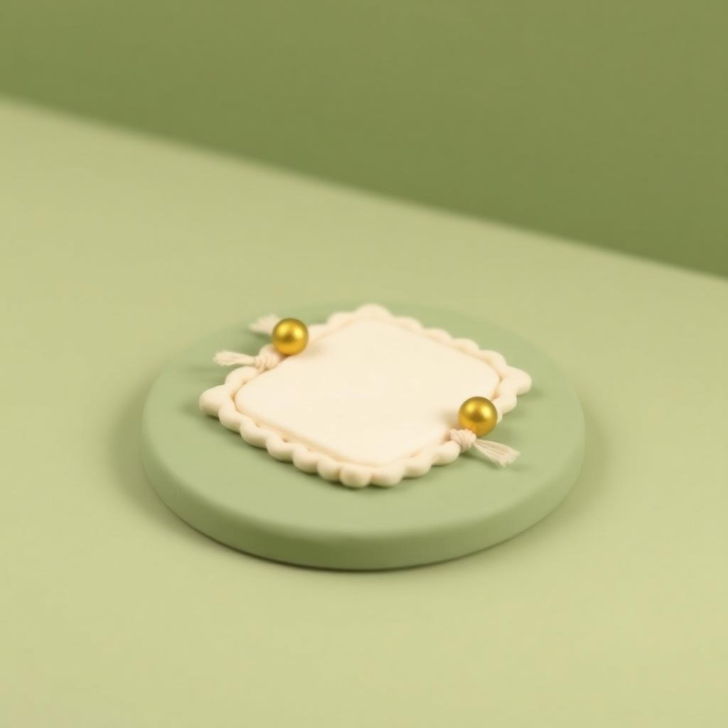A cream clay prayer mat with three small gold clay bead groups placed at its edge on sage clay ground