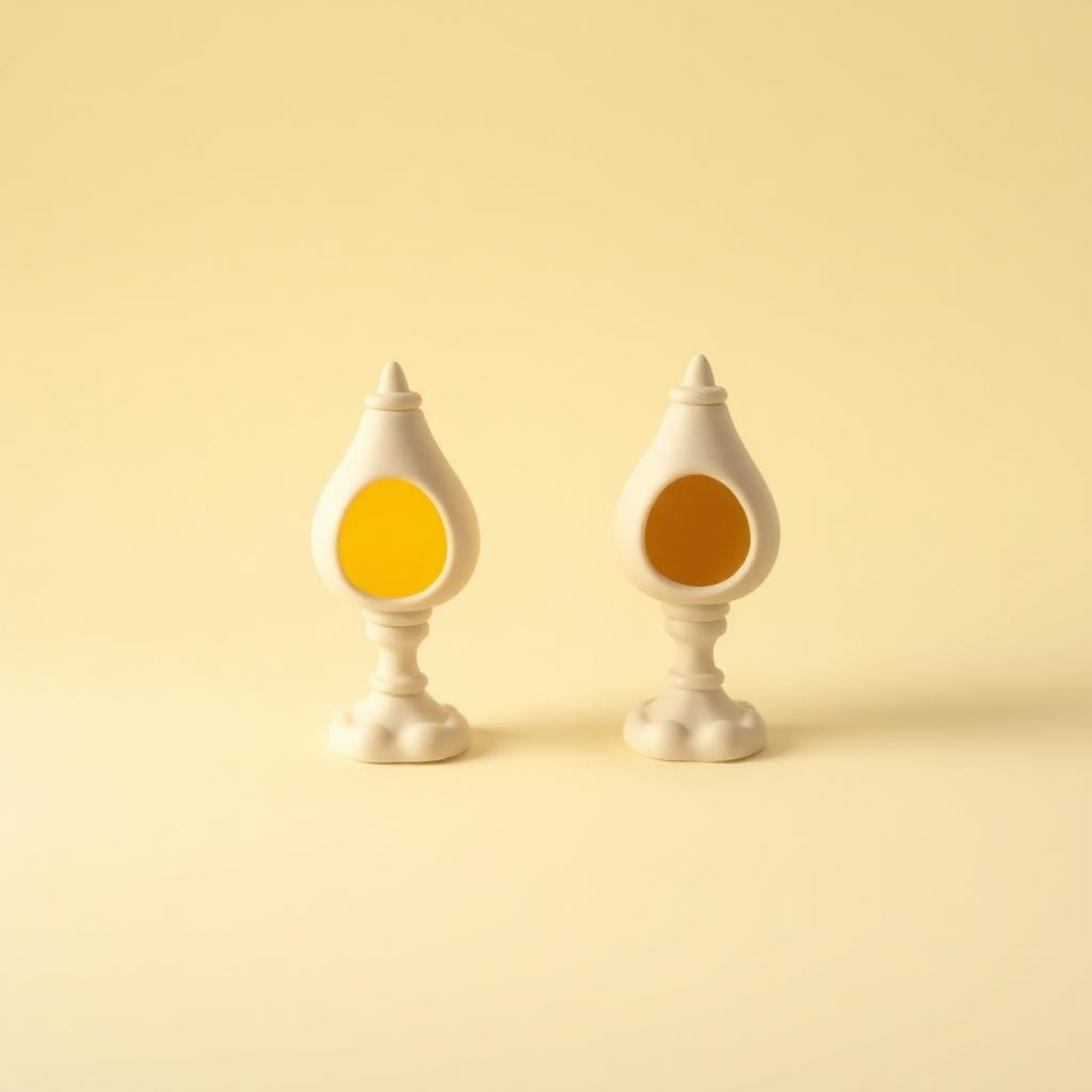 Two matching cream clay oil lamps side by side, the left glowing gold and the right unlit