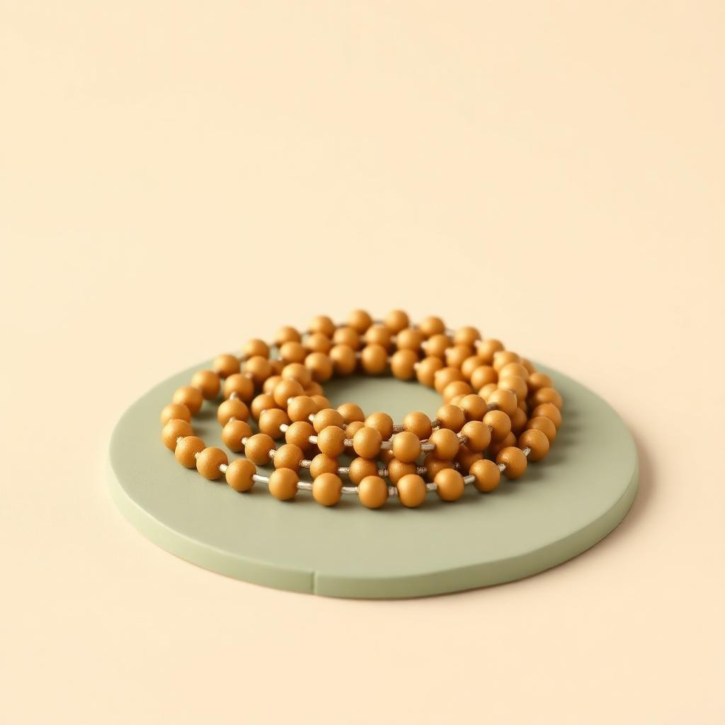 A long strand of one hundred small gold clay prayer beads coiled on a sage clay disc