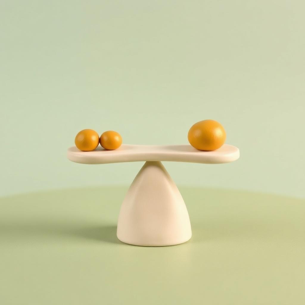 Two small gold clay spheres on one side of a cream clay balance scale over sage clay ground