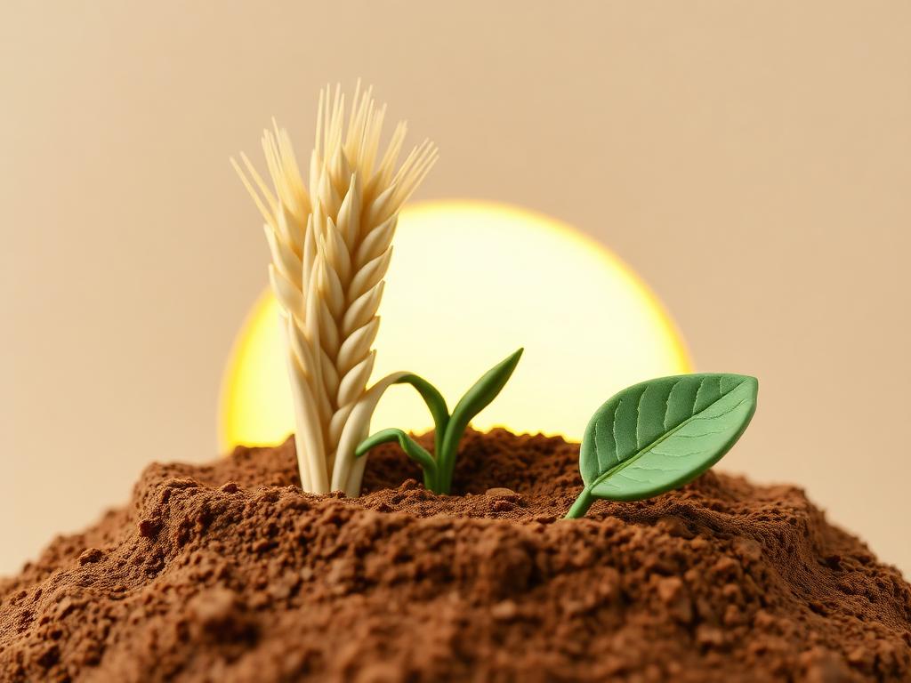 A cream clay wheat sheaf and a small green clay leaf growing from brown clay soil with a gold clay dawn glow