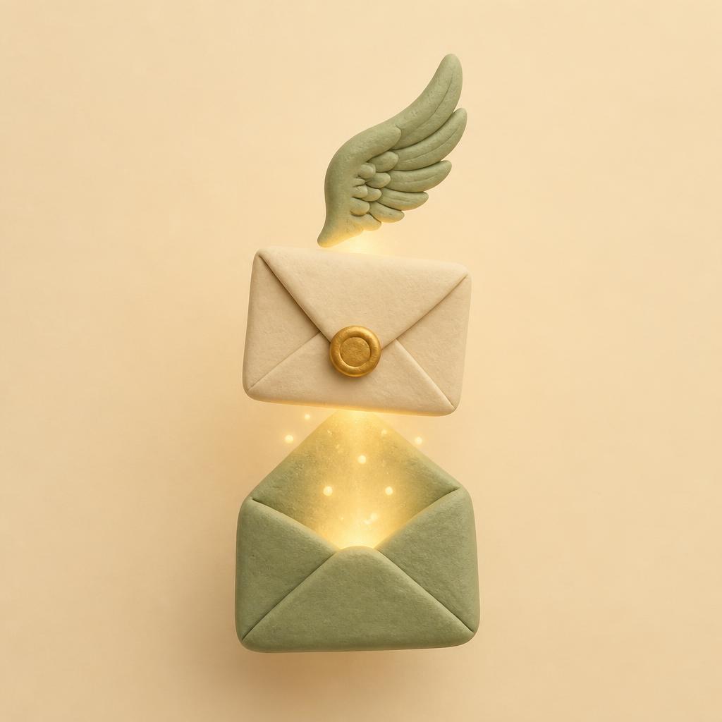 Two clay envelopes with soft gold light between them and a small clay wing above, suggesting a message carried upward