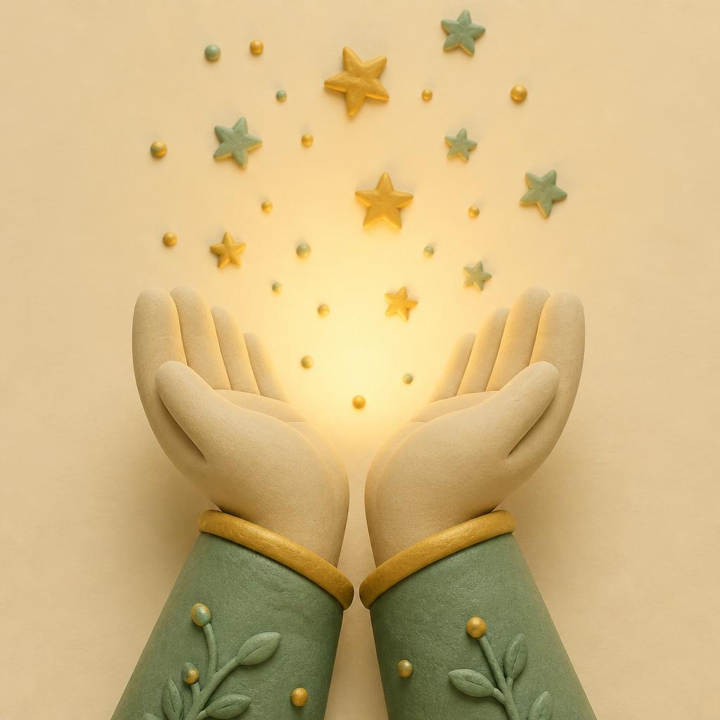 Two open clay hands raised in supplication with soft gold light and small clay stars above them