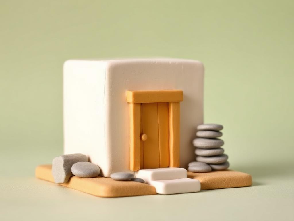 A cream clay cube building with a gold clay door and stacked clay stones beside it