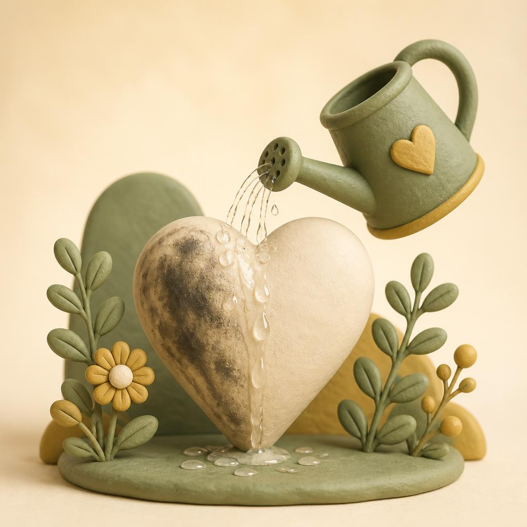 A cream clay heart with a dark smudge being washed clean by water pouring from a small sage clay watering can