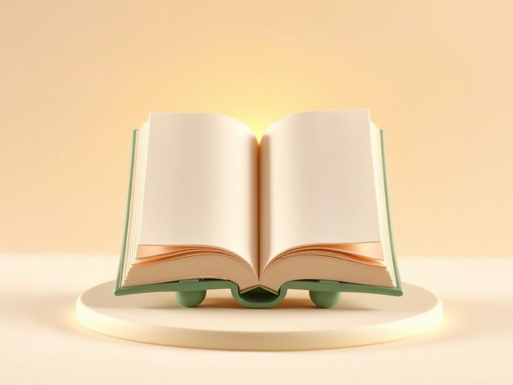 An open cream clay book with blank pages on a sage clay stand with gold clay light rising from it