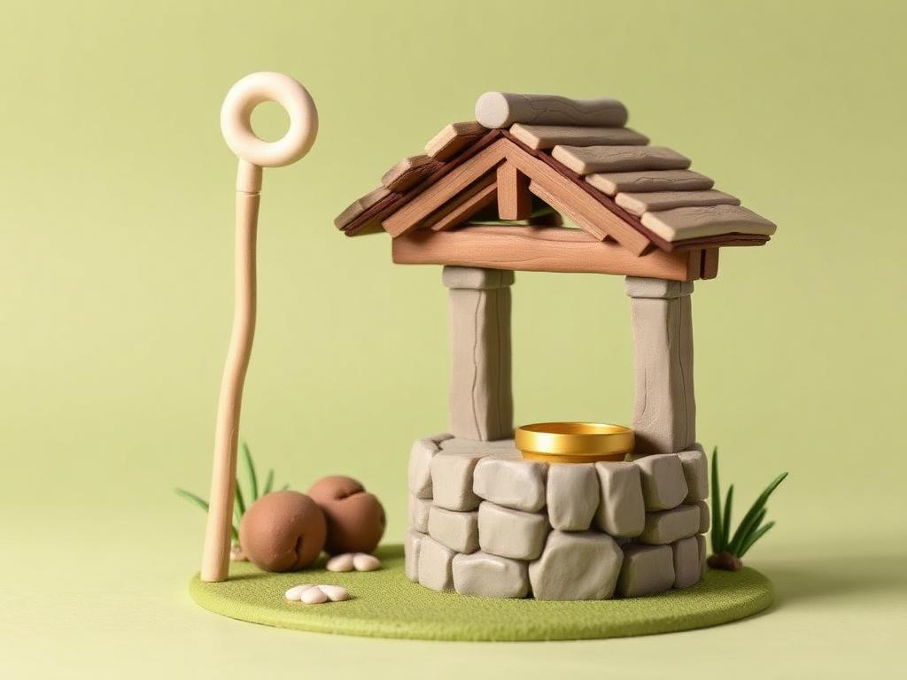 A slender cream clay staff leaning beside a stone clay well with a gold clay bucket