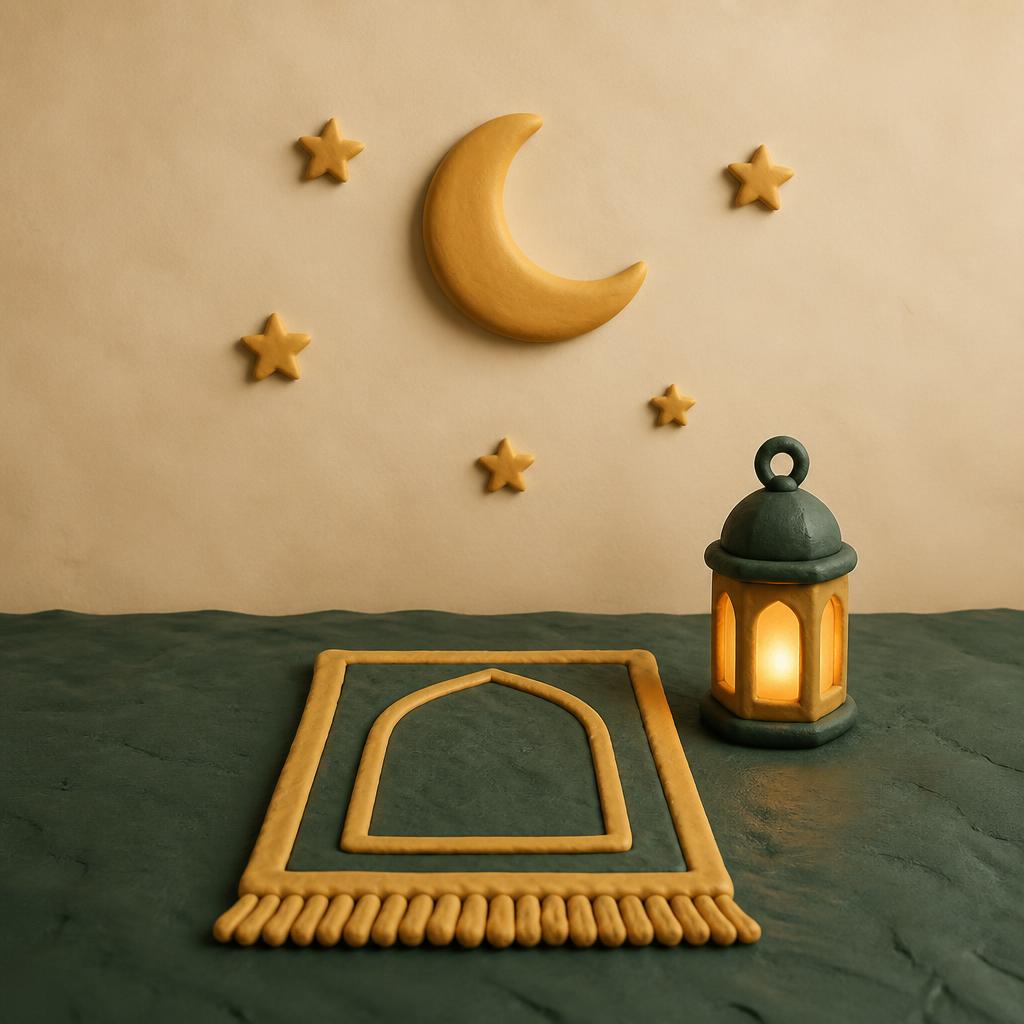 A clay crescent moon and stars above a small clay prayer mat with a glowing clay lantern beside it at night