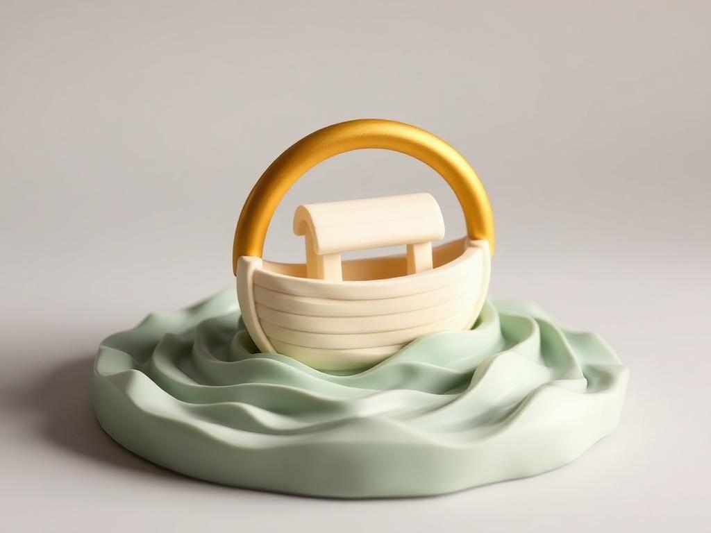 A small cream clay ark resting on sage clay waves under a gold clay arc