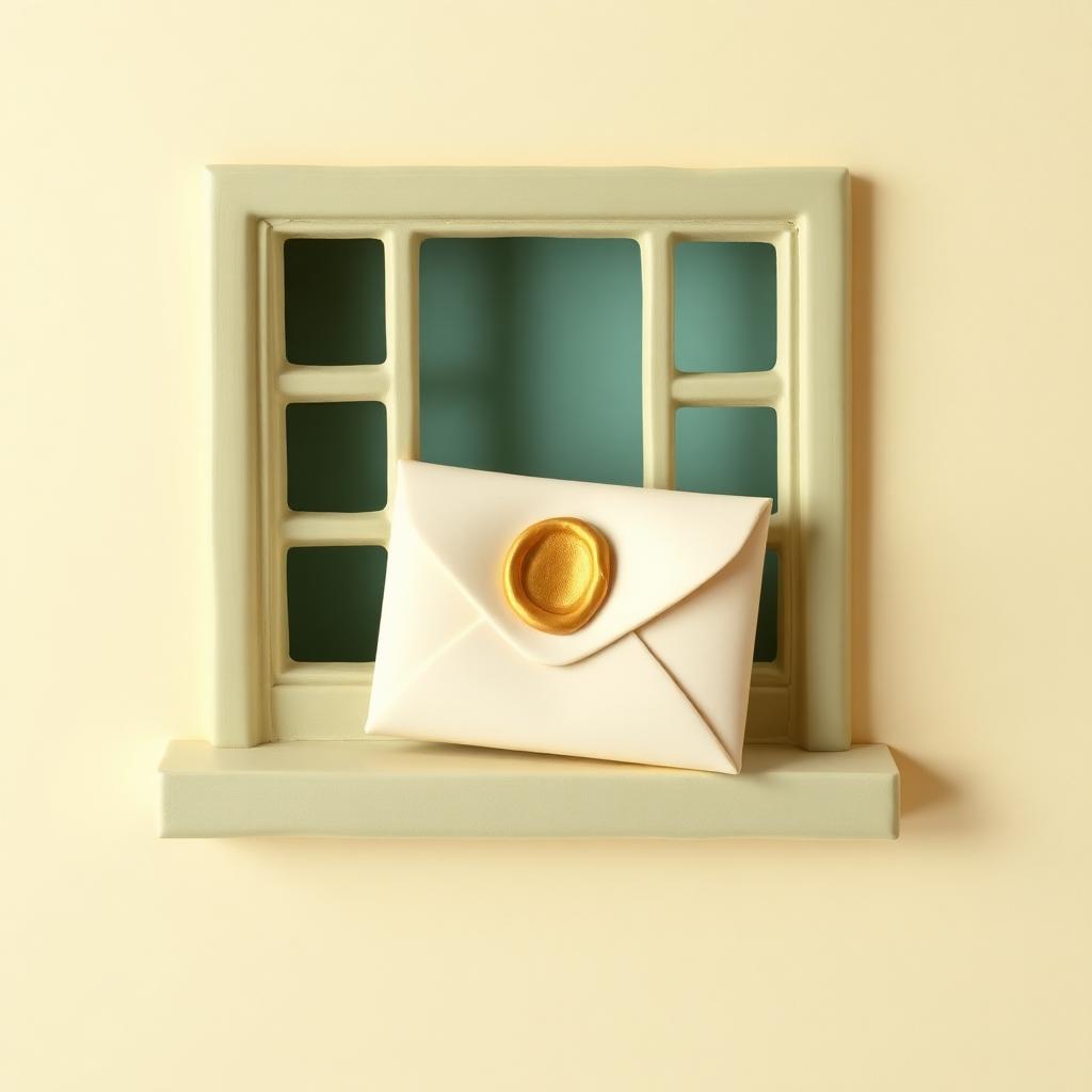 A sealed cream clay envelope with a gold clay wax seal resting on a sage clay windowsill