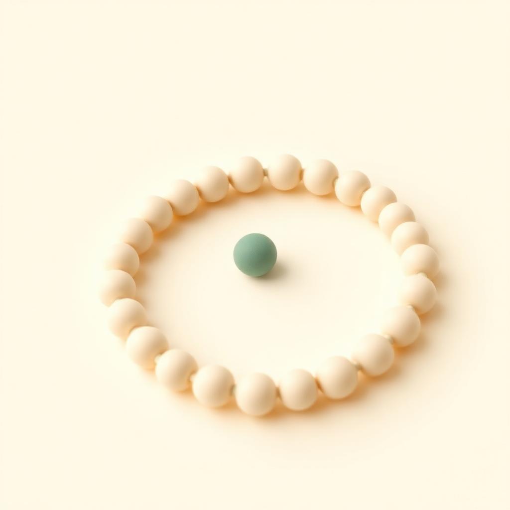 Cream clay beads linked into one continuous ring with a single sage clay bead at the centre