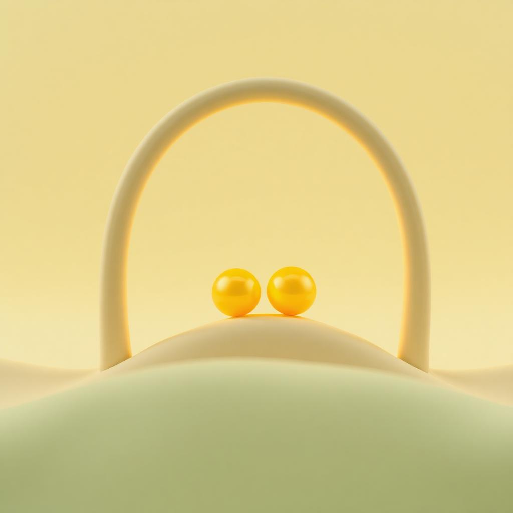 Two matching gold clay glowing orbs either side of a cream clay arch over sage clay ground
