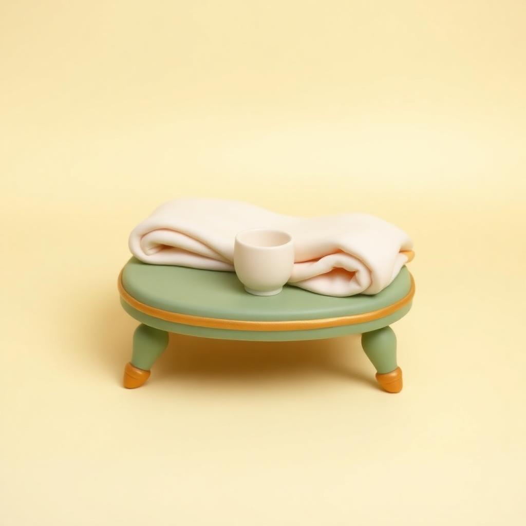 A folded cream clay blanket and a cream clay cup of water on a sage clay bedside stool