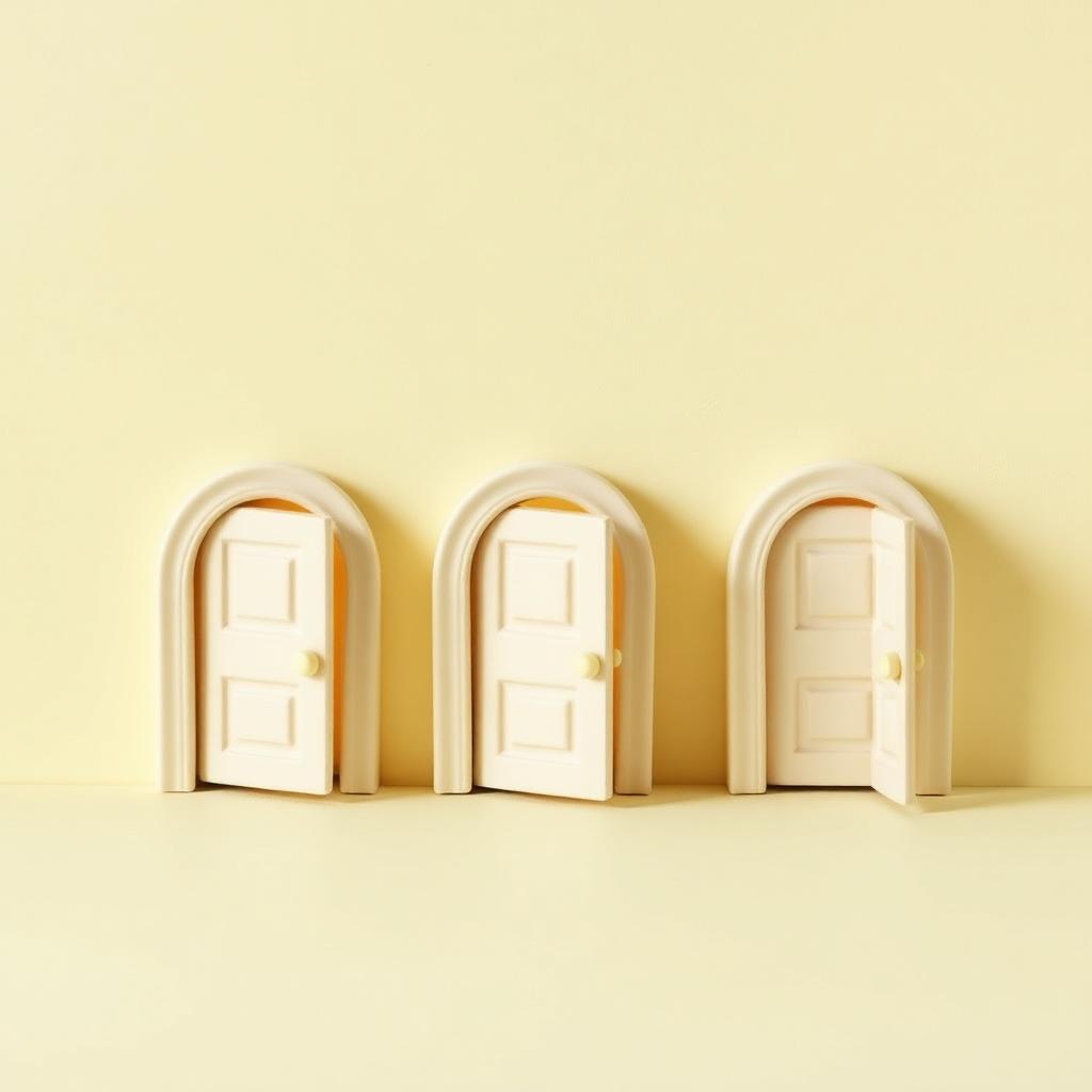 Three small cream clay doors standing open in a row with warm gold clay light behind each