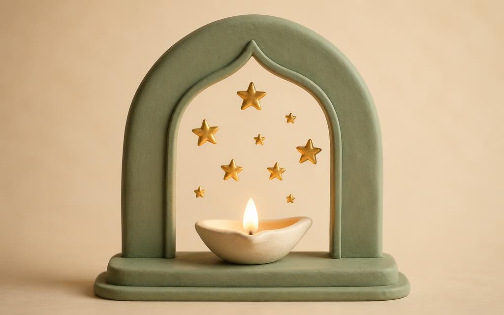 A rounded sage clay shield with a gold eight-point star at its centre held by two clay hands, soft glow behind