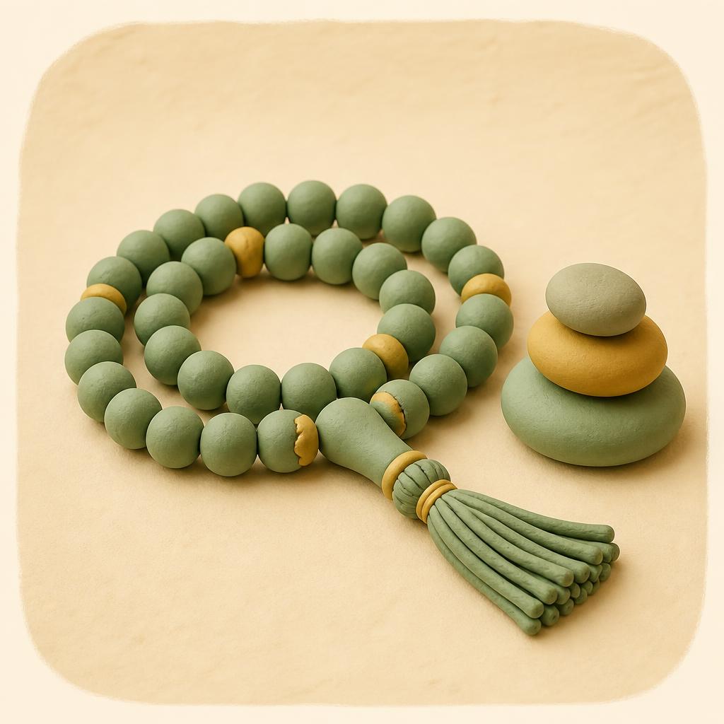 A coiled string of round sage clay prayer beads with a clay tassel beside three stacked clay pebbles