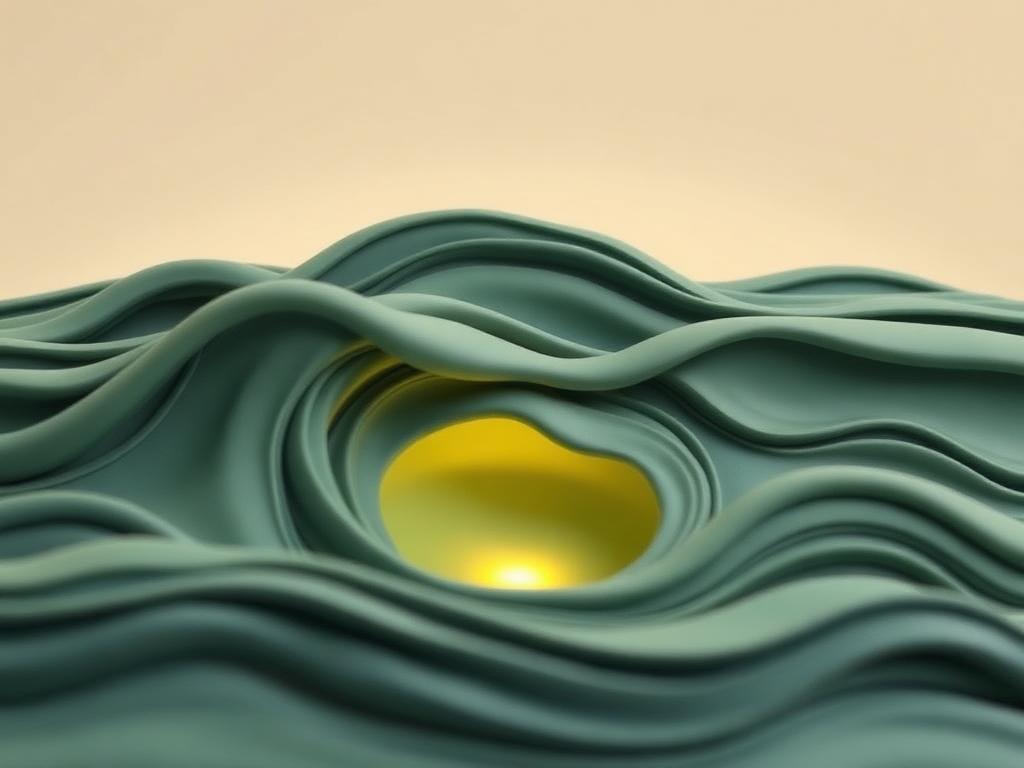 Deep sage clay ocean waves with a small gold clay light glowing beneath the surface