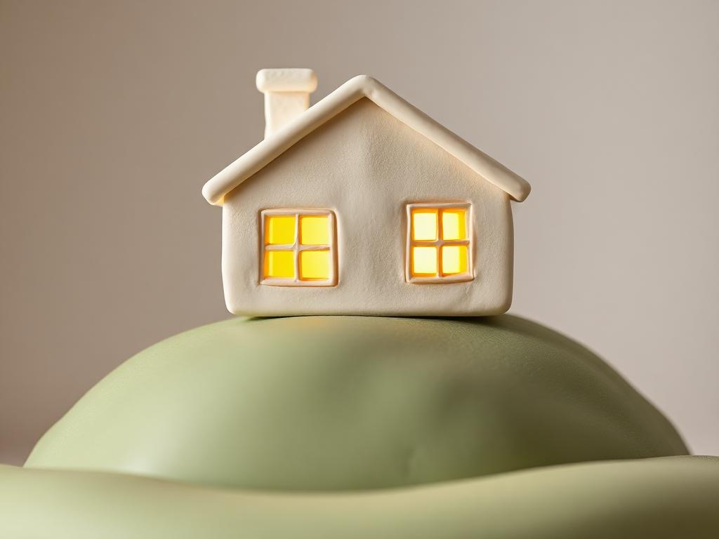 A modest cream clay house with a warm gold clay glow in its windows on a sage clay hill
