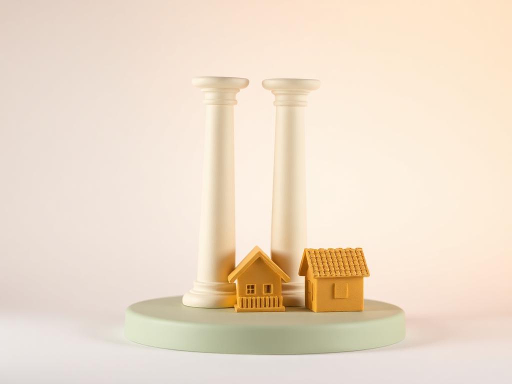 Two equal cream clay pillars standing right next to each other on a sage clay base beside a gold clay house