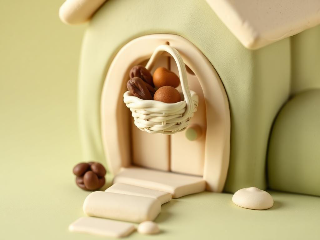 A cream clay basket of bread and dates set on the sage clay doorstep of a small cream clay house