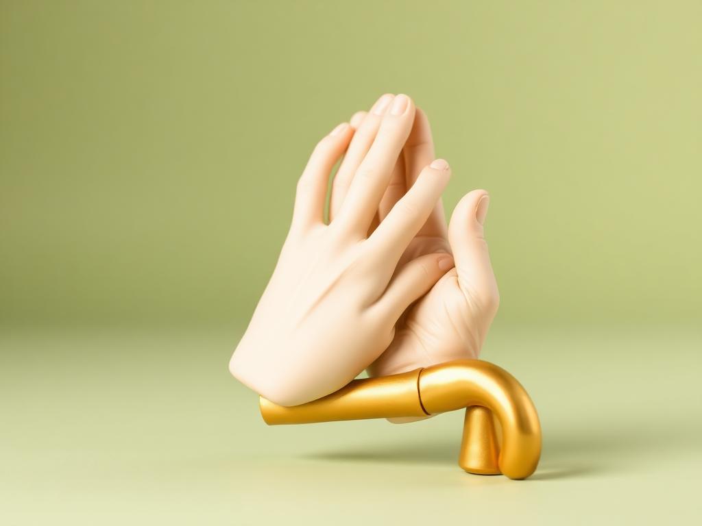 A small cream clay hand and a large wrinkled cream clay hand resting together on a gold clay cane