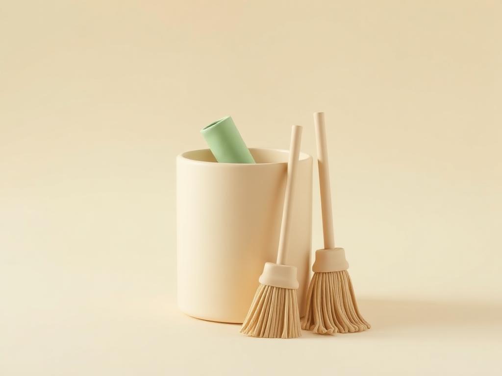 A cream clay bin with a sage clay wrapper dropped in and a cream clay broom beside it